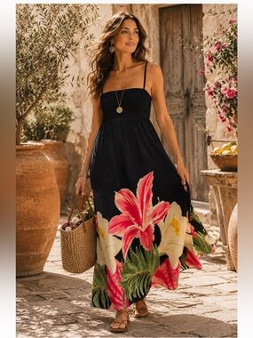 Label of Love Australia Linen Blend Tropical Floral Maxi Dress Resort Vacation S